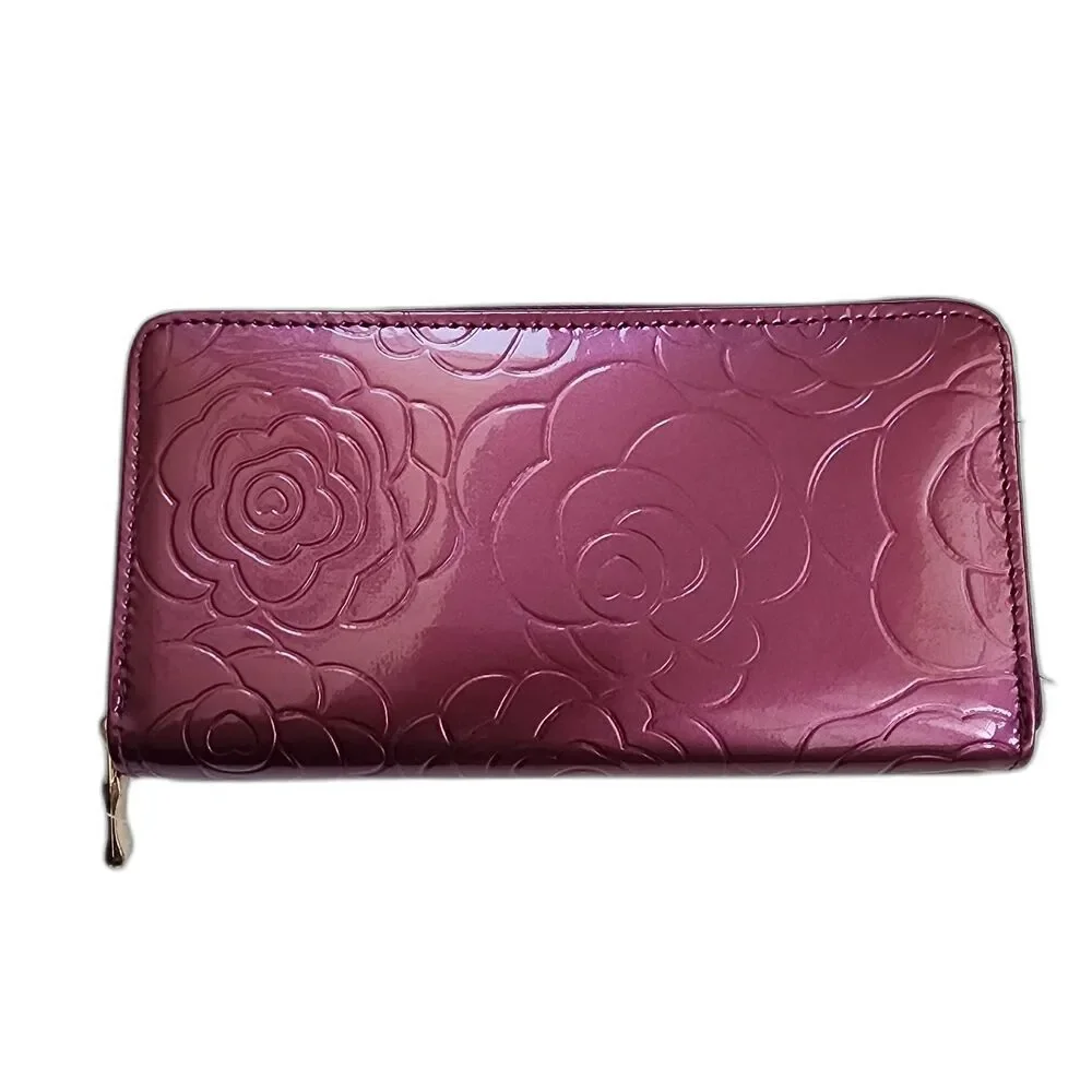 Sehra Collection Purple Floral Patent Leather Zip Around Clutch Wallet